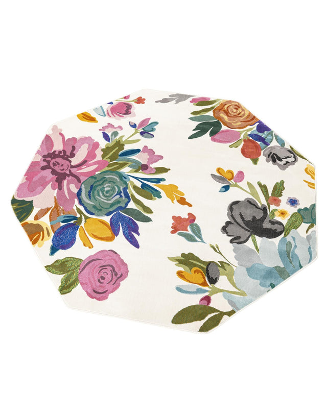Ivory 6' x 6' Blossom Octagon Area Rug 100% Polypropylene With Cotton Backing Easy Clean Colorful Blooming Blossoming Flower Floral Plant Carpet for Living Dining Room Office Dorms for Sale at Rug Engine