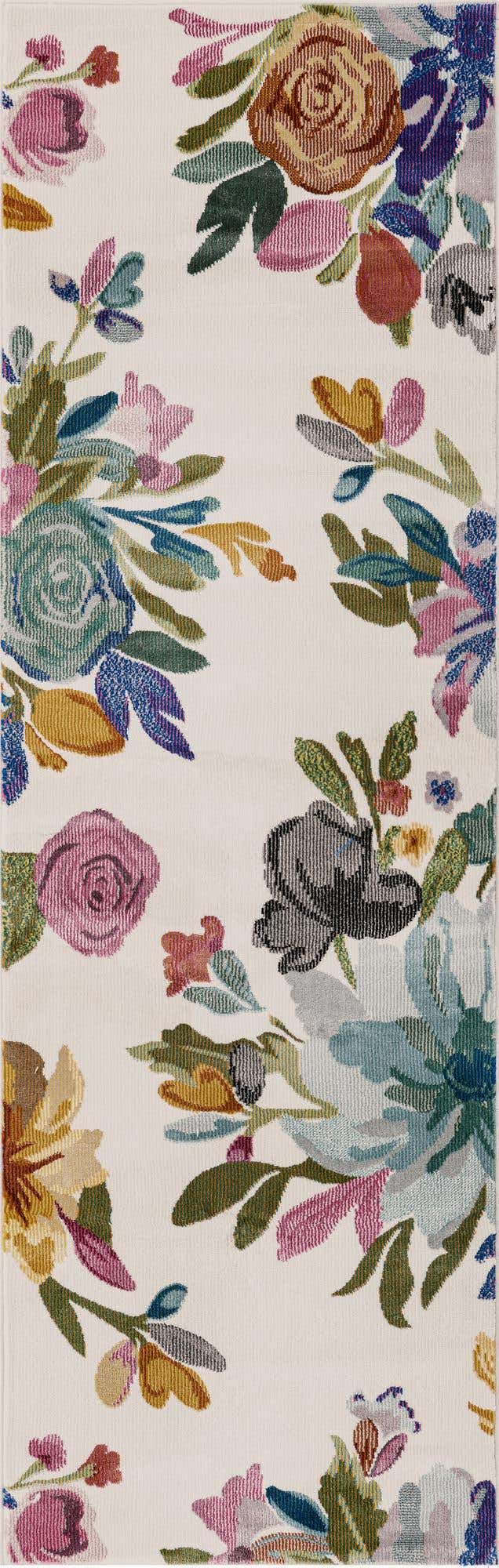 Ivory 2' x 6' Blossom Runner Area Rug 100% Polypropylene With Cotton Backing Easy Clean Colorful Blooming Blossoming Flower Floral Plant Carpet for Living Dining Room Office Dorms for Sale at Rug Engine
