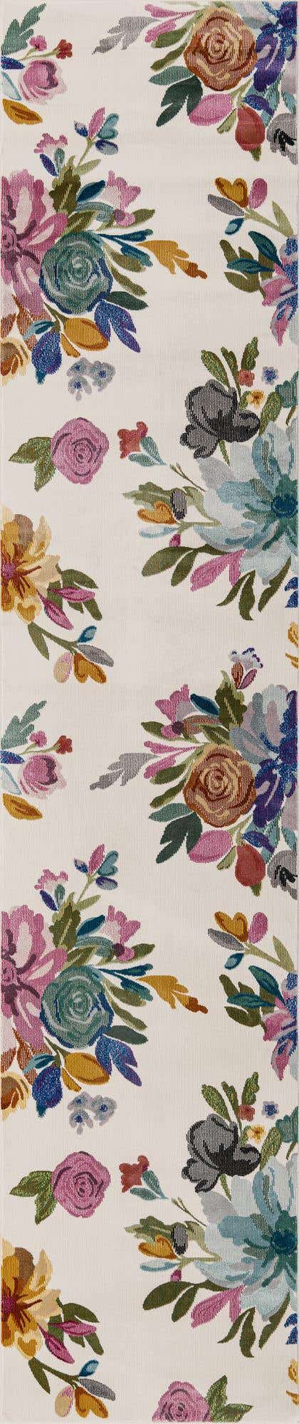 Ivory 2' 7 x 12' Blossom Runner Area Rug 100% Polypropylene With Cotton Backing Easy Clean Colorful Blooming Blossoming Flower Floral Plant Carpet for Living Dining Room Office Dorms for Sale at Rug Engine