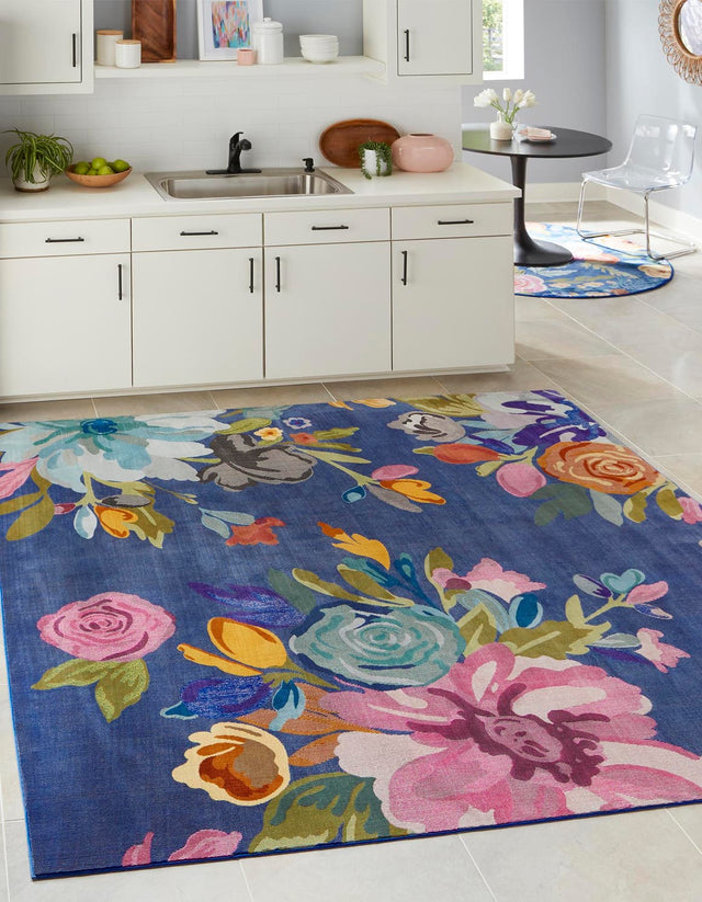 Blue 7' 10 x 7' 10 Blossom Square Area Rug 100% Polypropylene With Cotton Backing Easy Clean Colorful Blooming Blossoming Flower Floral Plant Carpet for Living Dining Room Office Dorms for Sale at Rug Engine