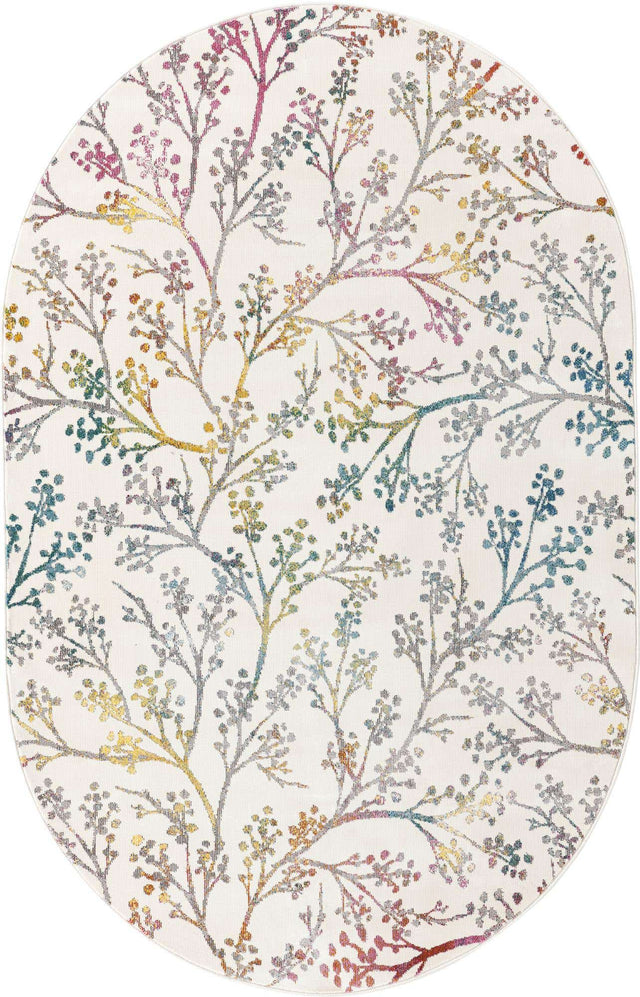 Ivory 5' 3 x 7' 10 Blossom Oval Area Rug 100% Polypropylene With Cotton Backing Easy Clean Colorful Blooming Blossoming Flower Floral Plant Carpet for Living Dining Room Office Dorms for Sale at Rug Engine