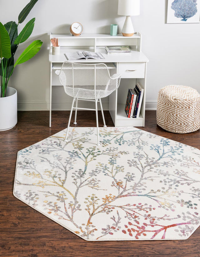 Ivory 6' x 6' Blossom Octagon Area Rug 100% Polypropylene With Cotton Backing Easy Clean Colorful Blooming Blossoming Flower Floral Plant Carpet for Living Dining Room Office Dorms for Sale at Rug Engine