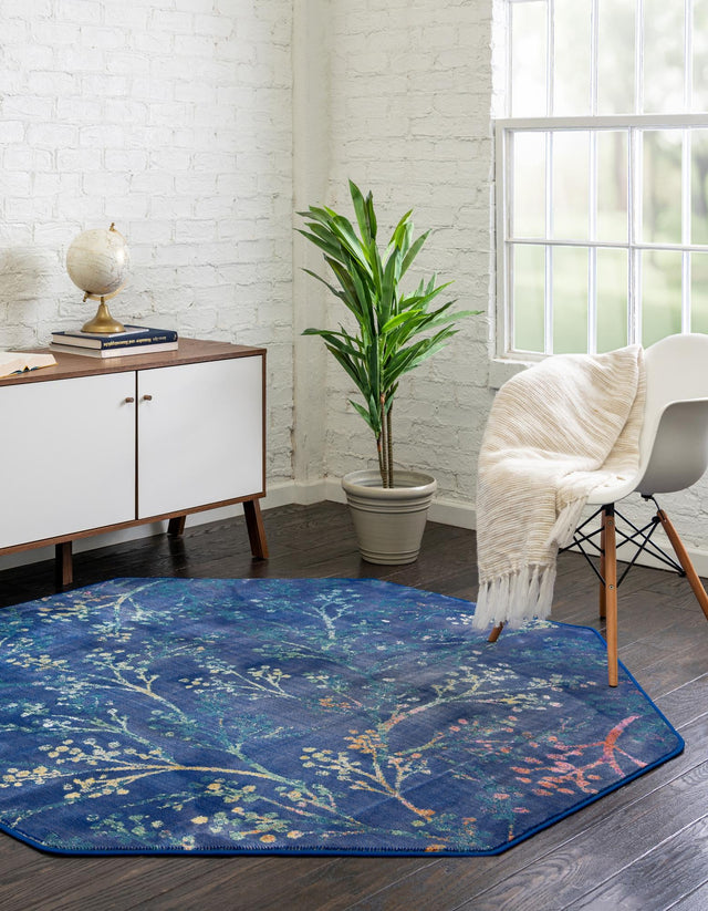 Blue 6' x 6' Blossom Octagon Area Rug 100% Polypropylene With Cotton Backing Easy Clean Colorful Blooming Blossoming Flower Floral Plant Carpet for Living Dining Room Office Dorms for Sale at Rug Engine