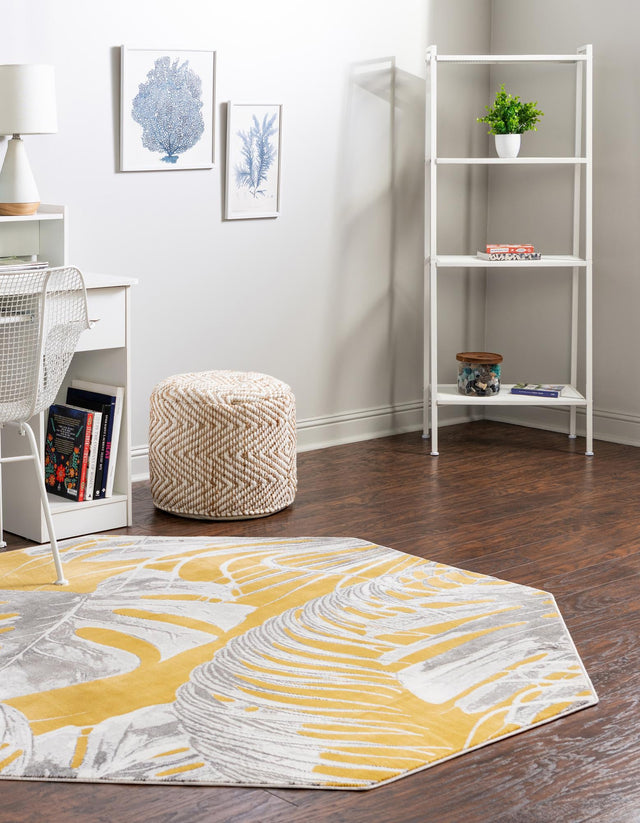 Yellow 6' x 6' Blossom Octagon Area Rug 100% Polypropylene With Cotton Backing Easy Clean Colorful Blooming Blossoming Flower Floral Plant Carpet for Living Dining Room Office Dorms for Sale at Rug Engine
