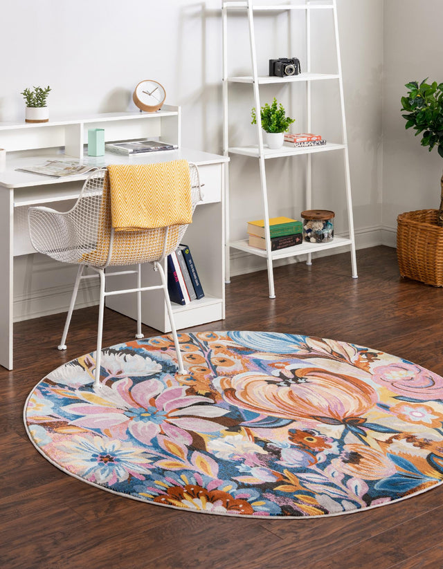Multicolor 3' 3 x 3' 3 Blossom Round Area Rug 100% Polypropylene With Cotton Backing Easy Clean Colorful Blooming Blossoming Flower Floral Plant Carpet for Living Dining Room Office Dorms for Sale at Rug Engine
