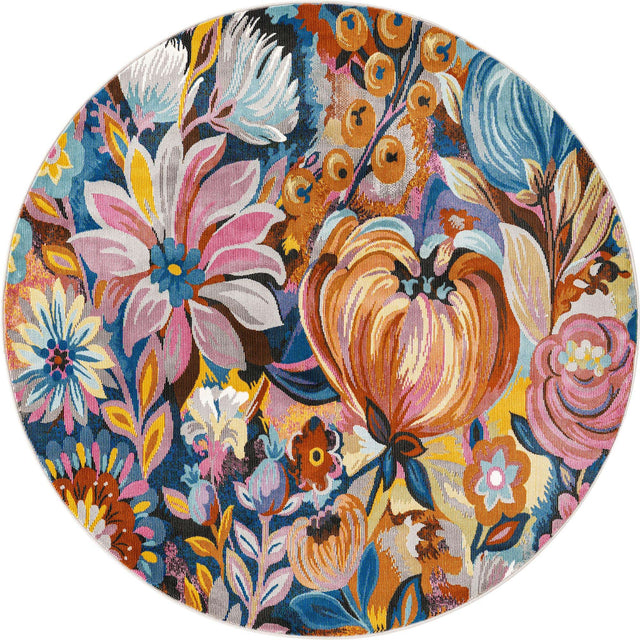 Multicolor 5' 3 x 5' 3 Blossom Round Area Rug 100% Polypropylene With Cotton Backing Easy Clean Colorful Blooming Blossoming Flower Floral Plant Carpet for Living Dining Room Office Dorms for Sale at Rug Engine