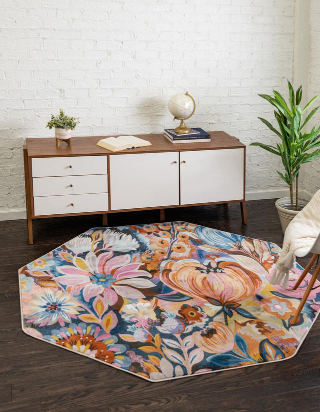 Multicolor 6' x 6' Blossom Octagon Area Rug 100% Polypropylene With Cotton Backing Easy Clean Colorful Blooming Blossoming Flower Floral Plant Carpet for Living Dining Room Office Dorms for Sale at Rug Engine