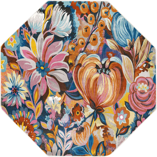 Multicolor 6' x 6' Blossom Octagon Area Rug 100% Polypropylene With Cotton Backing Easy Clean Colorful Blooming Blossoming Flower Floral Plant Carpet for Living Dining Room Office Dorms for Sale at Rug Engine