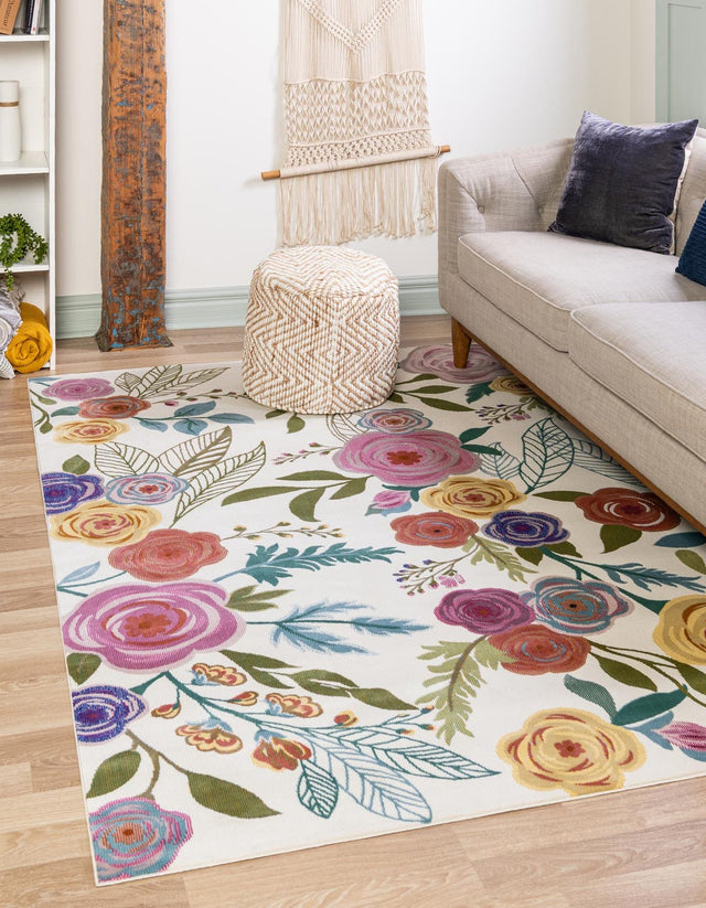 Ivory 9' x 12' Blossom Rectangle Area Rug 100% Polypropylene With Cotton Backing Easy Clean Colorful Blooming Blossoming Flower Floral Plant Carpet for Living Dining Room Office Dorms for Sale at Rug Engine