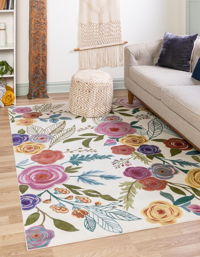 Ivory 1' 4 x 1' 4 Blossom Sample Area Rug 100% Polypropylene With Cotton Backing Easy Clean Colorful Blooming Blossoming Flower Floral Plant Carpet for Living Dining Room Office Dorms for Sale at Rug Engine