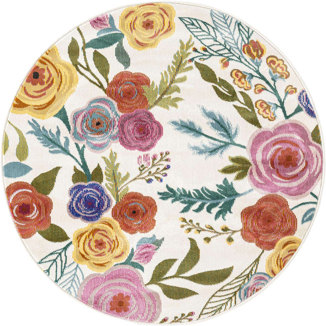 Ivory 3' 3 x 3' 3 Blossom Round Area Rug 100% Polypropylene With Cotton Backing Easy Clean Colorful Blooming Blossoming Flower Floral Plant Carpet for Living Dining Room Office Dorms for Sale at Rug Engine