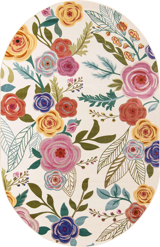 Ivory 4' x 6' Blossom Oval Area Rug 100% Polypropylene With Cotton Backing Easy Clean Colorful Blooming Blossoming Flower Floral Plant Carpet for Living Dining Room Office Dorms for Sale at Rug Engine