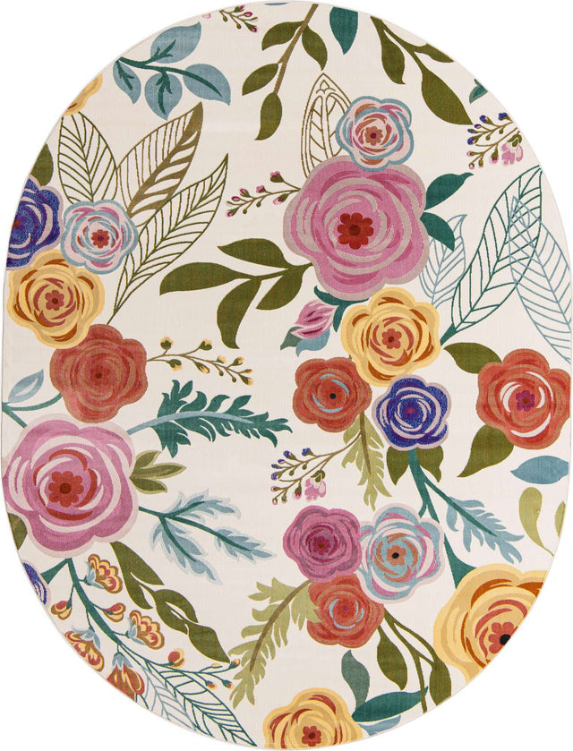 Ivory 7' 10 x 10' Blossom Oval Area Rug 100% Polypropylene With Cotton Backing Easy Clean Colorful Blooming Blossoming Flower Floral Plant Carpet for Living Dining Room Office Dorms for Sale at Rug Engine