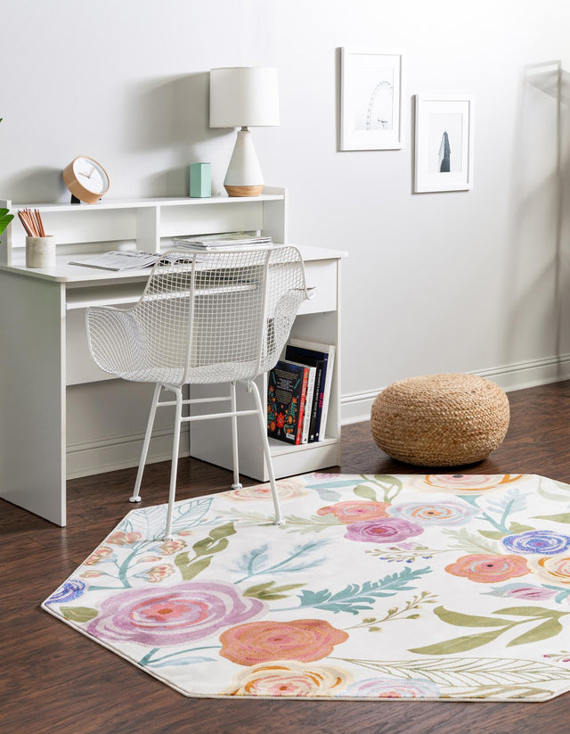 Ivory 6' x 6' Blossom Octagon Area Rug 100% Polypropylene With Cotton Backing Easy Clean Colorful Blooming Blossoming Flower Floral Plant Carpet for Living Dining Room Office Dorms for Sale at Rug Engine