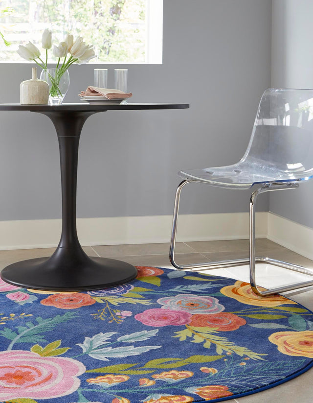 Blue 10' x 10' Blossom Round Area Rug 100% Polypropylene With Cotton Backing Easy Clean Colorful Blooming Blossoming Flower Floral Plant Carpet for Living Dining Room Office Dorms for Sale at Rug Engine