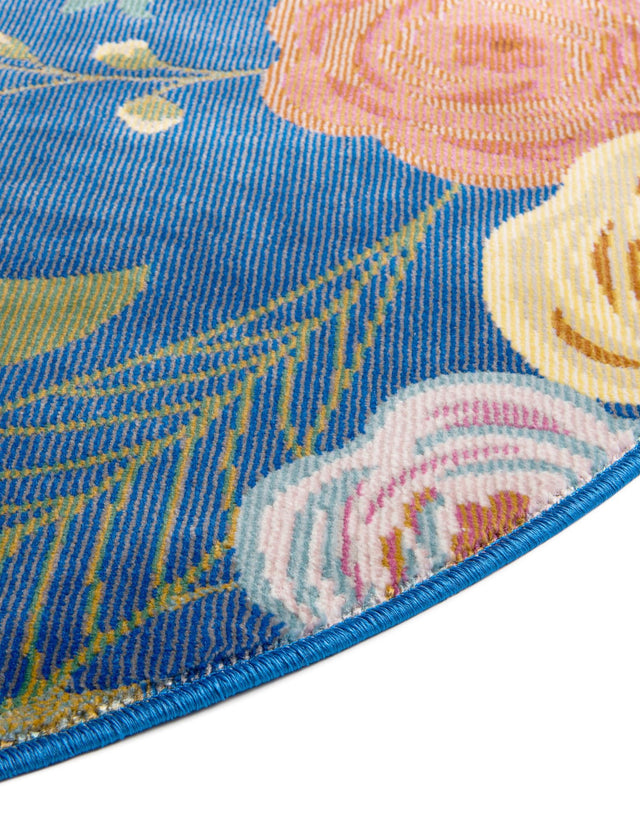 Blue 4' 1 x 4' 1 Blossom Round Area Rug 100% Polypropylene With Cotton Backing Easy Clean Colorful Blooming Blossoming Flower Floral Plant Carpet for Living Dining Room Office Dorms for Sale at Rug Engine