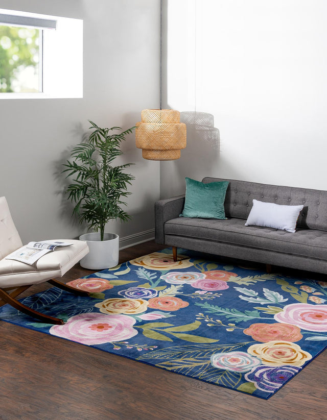 Blue 6' 1 x 6' 1 Blossom Square Area Rug 100% Polypropylene With Cotton Backing Easy Clean Colorful Blooming Blossoming Flower Floral Plant Carpet for Living Dining Room Office Dorms for Sale at Rug Engine