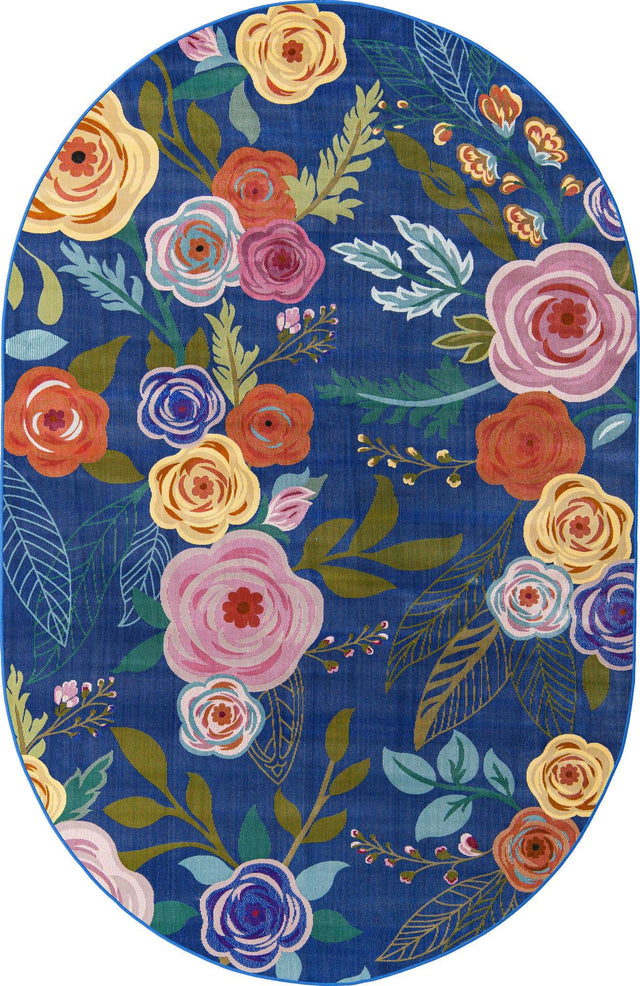 Blue 4' x 6' Blossom Oval Area Rug 100% Polypropylene With Cotton Backing Easy Clean Colorful Blooming Blossoming Flower Floral Plant Carpet for Living Dining Room Office Dorms for Sale at Rug Engine
