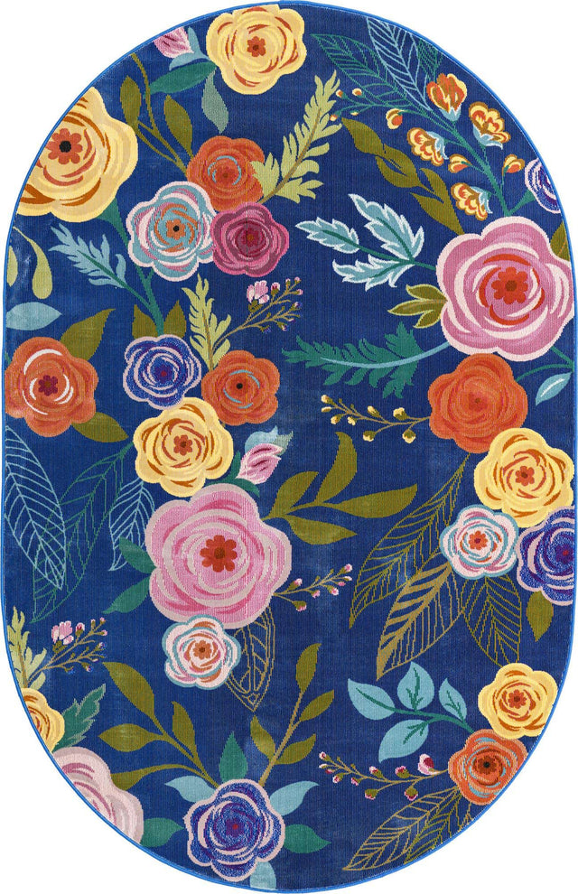 Blue 5' 3 x 7' 10 Blossom Oval Area Rug 100% Polypropylene With Cotton Backing Easy Clean Colorful Blooming Blossoming Flower Floral Plant Carpet for Living Dining Room Office Dorms for Sale at Rug Engine