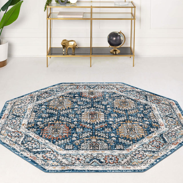 Blue 4' x 4' Nyla Octagon Area Rug 100% Polypropylene Traditional Classic Carpet for Living Room, Kitchen, Bedroom, Dining, Office for Sale at Rug Engine