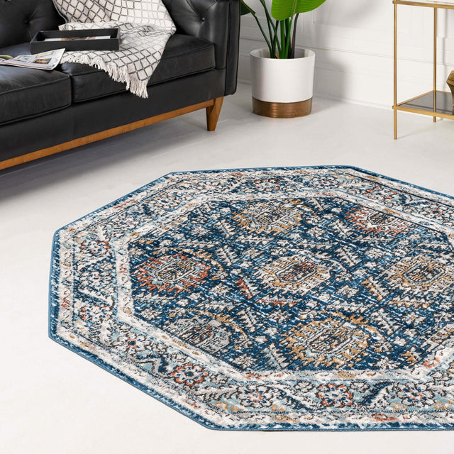 Blue 7' x 7' Nyla Octagon Area Rug 100% Polypropylene Traditional Classic Carpet for Living Room, Kitchen, Bedroom, Dining, Office for Sale at Rug Engine