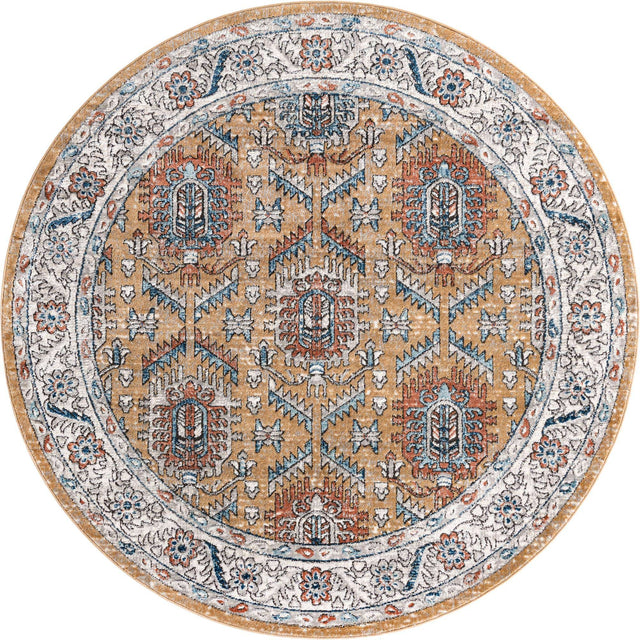 Mustard Yellow 7' x 7' Nyla Round Area Rug 100% Polypropylene Traditional Classic Carpet for Living Room, Kitchen, Bedroom, Dining, Office for Sale at Rug Engine