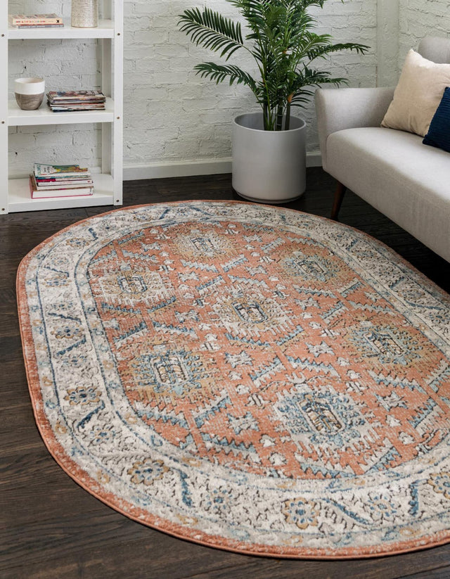 Salmon Pink 7' 10 x 10' Nyla Oval Area Rug 100% Polypropylene Traditional Classic Carpet for Living Room, Kitchen, Bedroom, Dining, Office for Sale at Rug Engine