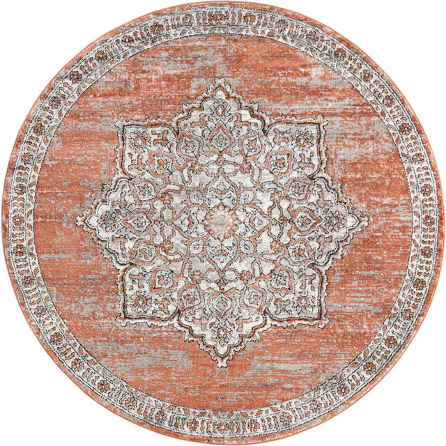 Salmon Pink 7' x 7' Nyla Round Area Rug 100% Polypropylene Traditional Classic Carpet for Living Room, Kitchen, Bedroom, Dining, Office for Sale at Rug Engine