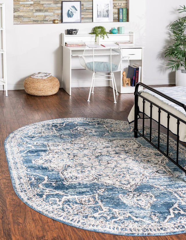 Blue 5' 3 x 8' Nyla Oval Area Rug 100% Polypropylene Traditional Classic Carpet for Living Room, Kitchen, Bedroom, Dining, Office for Sale at Rug Engine
