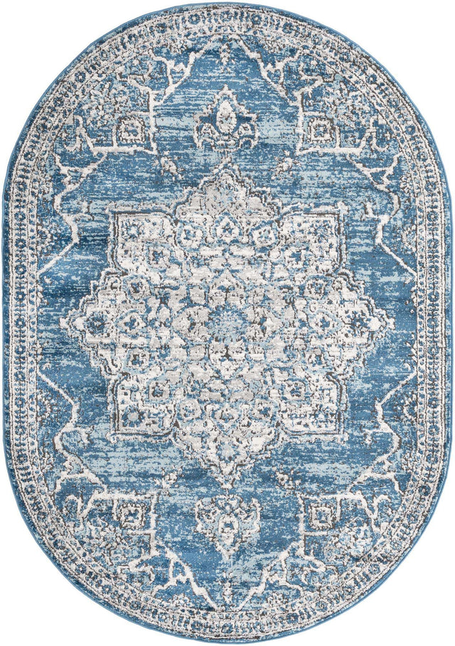 Blue 5' 3 x 8' Nyla Oval Area Rug 100% Polypropylene Traditional Classic Carpet for Living Room, Kitchen, Bedroom, Dining, Office for Sale at Rug Engine