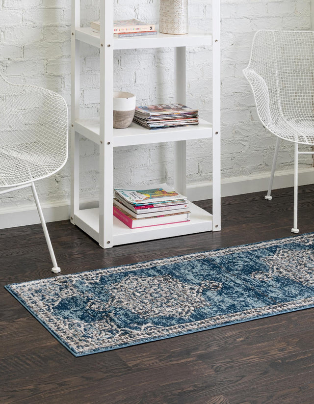 Blue 2' 7 x 12' Nyla Runner Area Rug 100% Polypropylene Traditional Classic Carpet for Living Room, Kitchen, Bedroom, Dining, Office for Sale at Rug Engine
