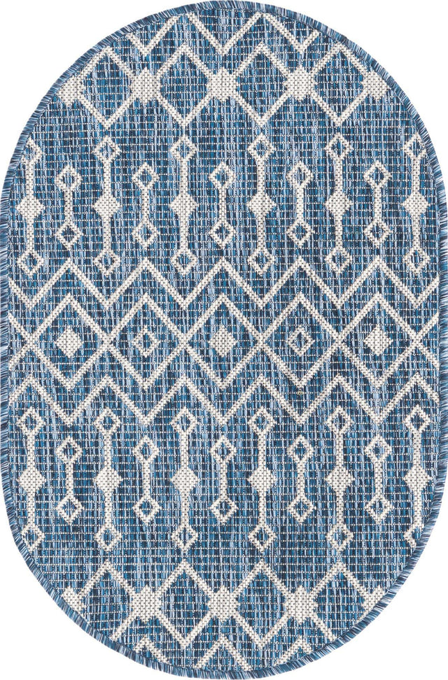 Blue 2' x 3' 1 Outdoor Trellis Oval Area Rug Weather Resistant for Patio, Deck, Terrace, Balcony, Porch Geometric Design Water Safe Outside Carpet for Sale at Rug Engine