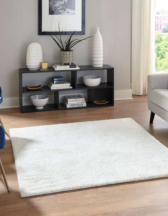 Snow White 5' 3 x 5' 3 Solo Square Area Rug Thick Soft Touch Fluffy & Plush Shaggy Pile