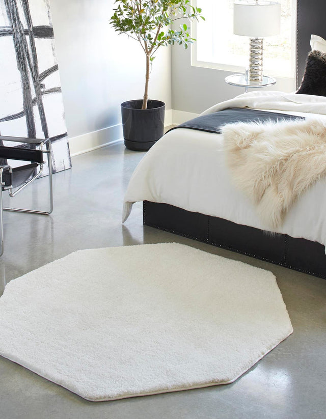 Snow White 5' x 5' Solo Octagon Area Rug Thick Soft Touch Fluffy & Plush Shaggy Pile