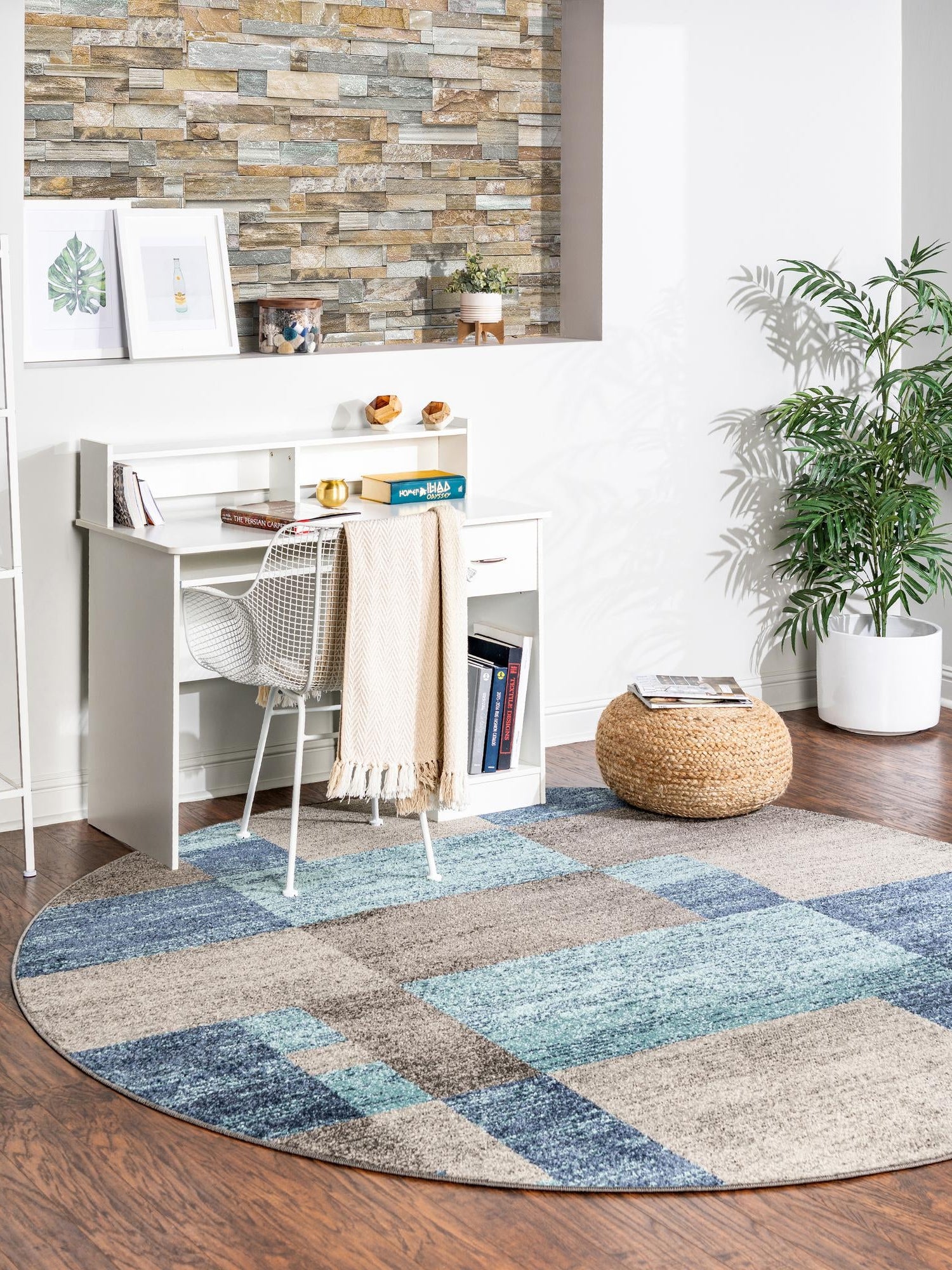 Blue Gray 7' 10 x 7' 10 Autumn Round Area Rug 100% Polypropylene Durable Jute Backing Living Dining Room Bedroom Office Modern Decor Carpet for Sale at Rug Engine
