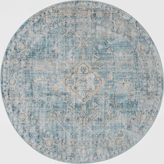 Blue 10' 2 x 10' 2 Newport Round Area Rug 100% Polypropylene Traditional Distressed Classic Contemporary Carpet for Home Decor for Sale at Rug Engine