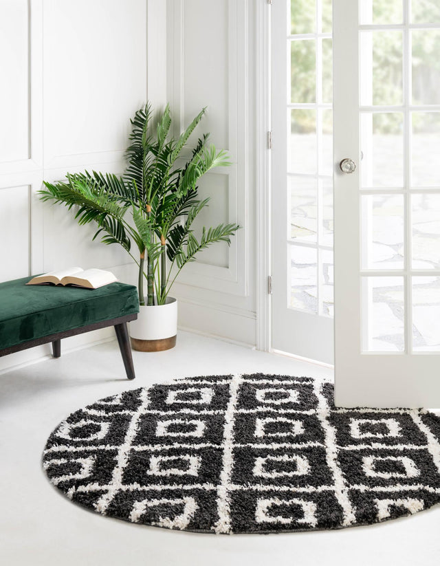Black and White 5' 3 x 5' 3 Hygge Shag Round Area Rug Thick Soft Touch Fluffy & Plush Shaggy Pile 100% Polypropylene With Jute Backing Modern Carpet for Sale at Rug Engine