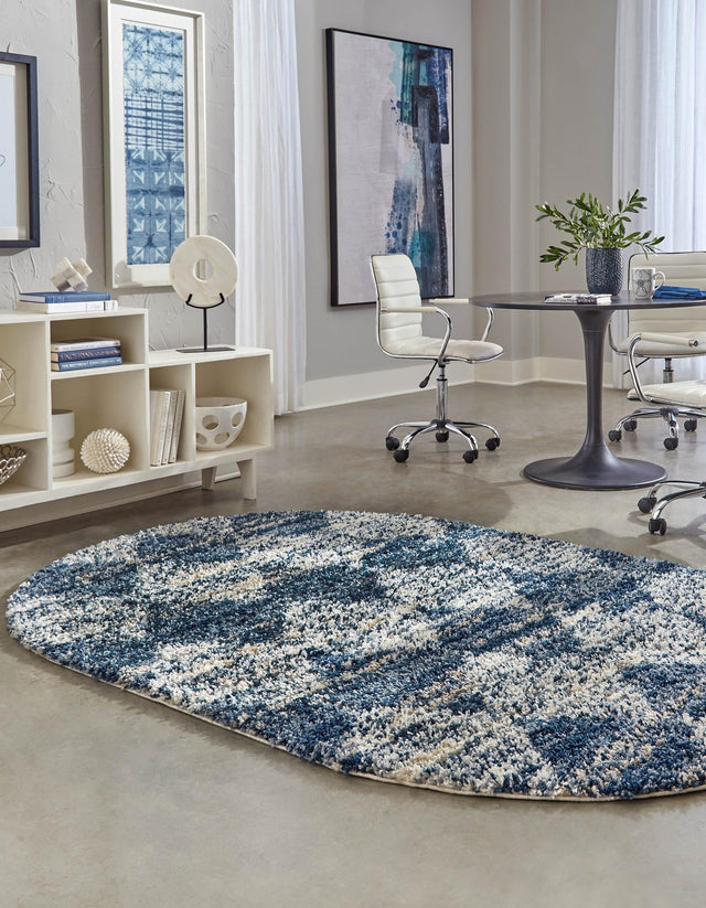Blue 5' 3 x 8' Serenity Shag Oval Area Rug Thick Soft Touch Fluffy & Plush Shaggy Pile Carpet for Living Rooms, Kitchen, Bedrooms, Office, Dorms for Sale at Rug Engine