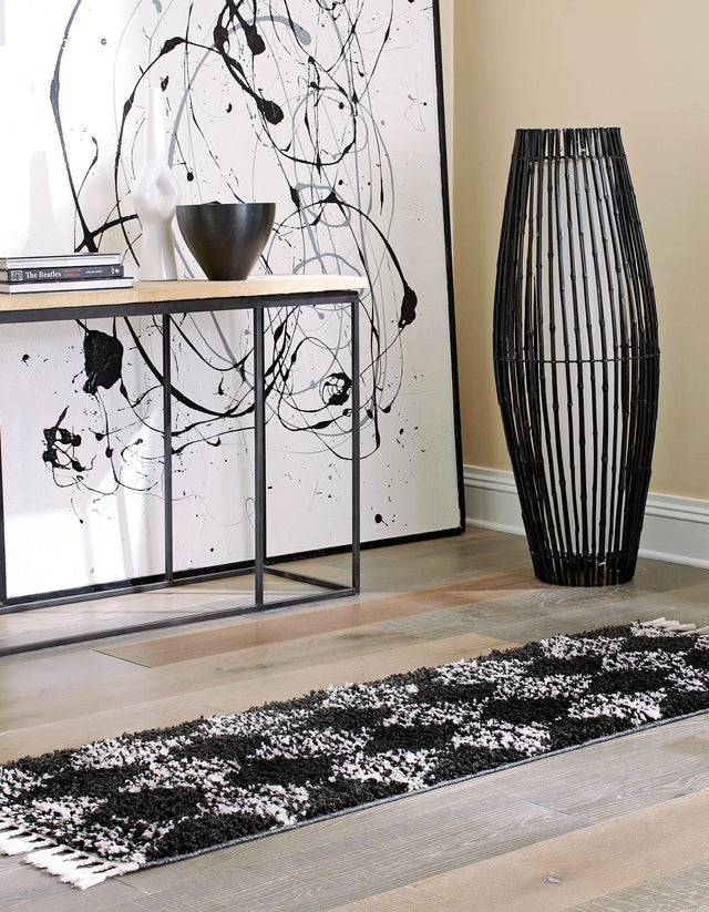 Black and White 2' x 8' Serenity Shag Runner Area Rug Thick Soft Touch Fluffy & Plush Shaggy Pile