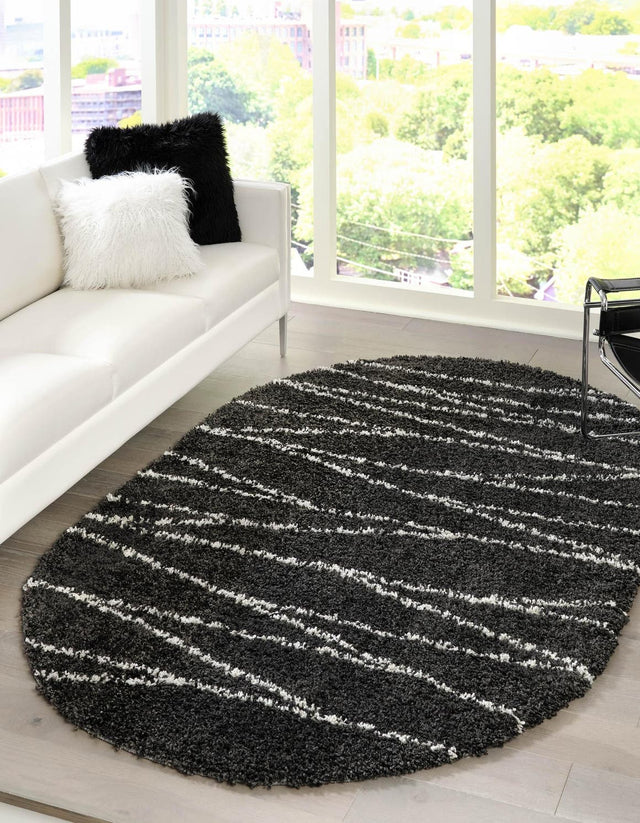 Black and White 7' 10 x 10' Serenity Shag Oval Area Rug Thick Soft Touch Fluffy & Plush Shaggy Pile Carpet for Living Rooms, Kitchen, Bedrooms, Office, Dorms for Sale at Rug Engine