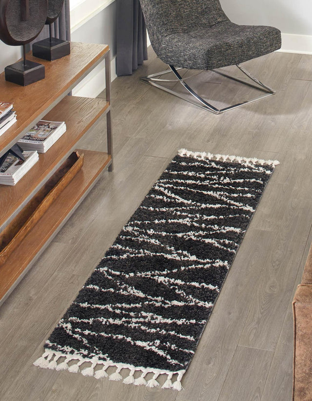 Black and White 2' 7 x 12' Serenity Shag Runner Area Rug Thick Soft Touch Fluffy & Plush Shaggy Pile Carpet for Living Rooms, Kitchen, Bedrooms, Office, Dorms for Sale at Rug Engine