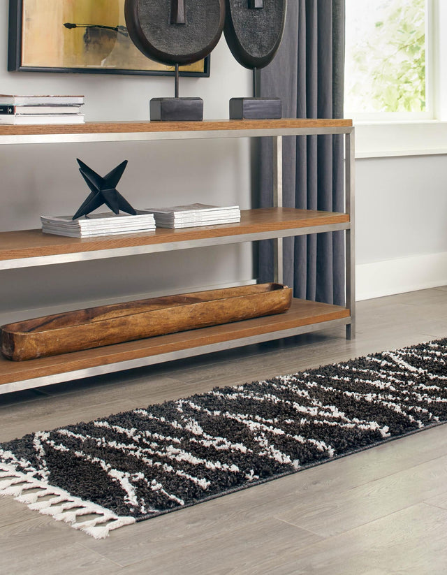 Black and White 2' x 6' Serenity Shag Runner Area Rug Thick Soft Touch Fluffy & Plush Shaggy Pile Carpet for Living Rooms, Kitchen, Bedrooms, Office, Dorms for Sale at Rug Engine