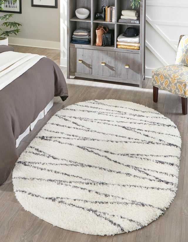 White 5' 3 x 8' Serenity Shag Oval Area Rug Thick Soft Touch Fluffy & Plush Shaggy Pile Carpet for Living Rooms, Kitchen, Bedrooms, Office, Dorms for Sale at Rug Engine
