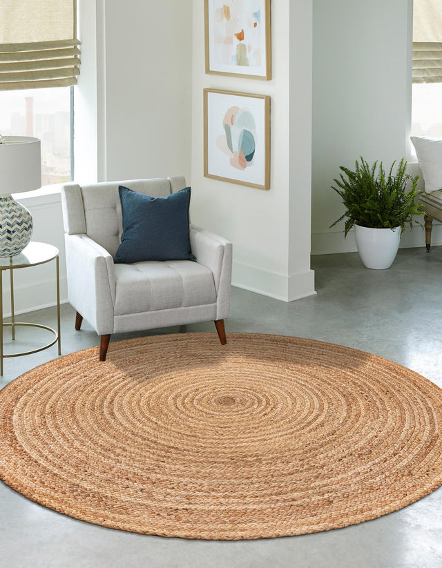 Natural 7' 10 x 7' 10 Braided Jute Luxe Round Area Rug 100% Jute Hand Braided Luxury Natural Eco-Friendly Boho Style Carpet for Living Rooms Dining Office Space Dorms for Sale at Rug Engine