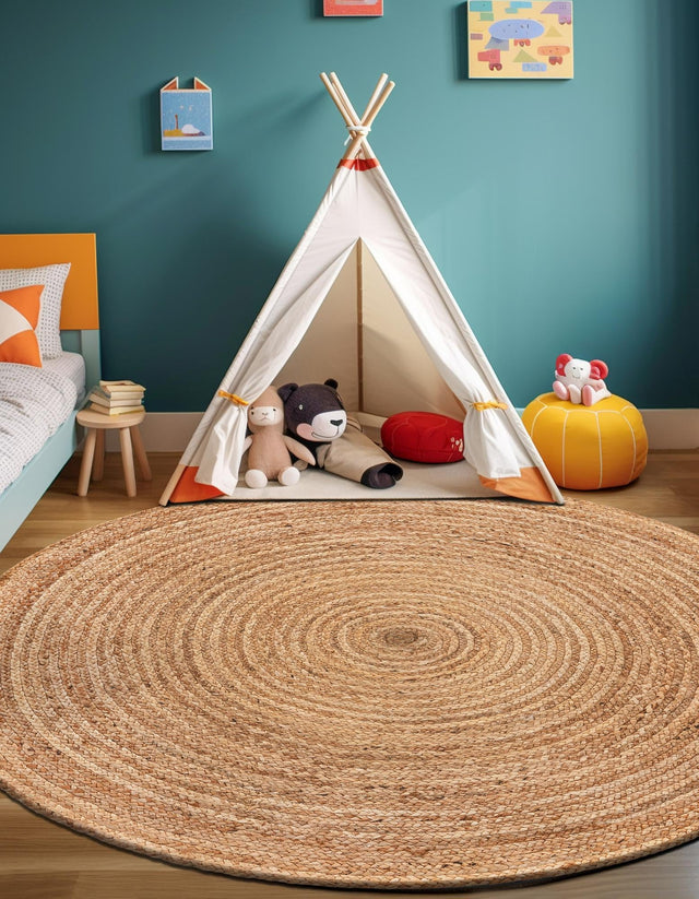 Natural 12' 4 x 12' 4 Braided Jute Luxe Round Area Rug 100% Jute Hand Braided Luxury Natural Eco-Friendly Boho Style Carpet for Living Rooms Dining Office Space Dorms for Sale at Rug Engine