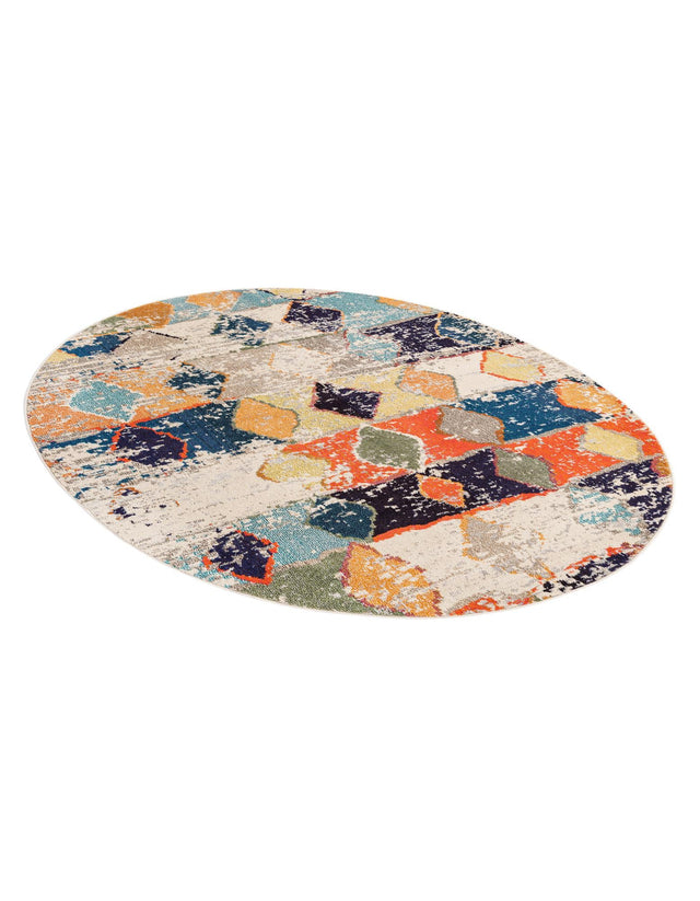Ivory 7' x 7' Vivid Round Area Rug Colorful Modern Unique Indoor Easy Clean Durable Carpet Mat for Home Interior Design & Decor for Sale at Rug Engine
