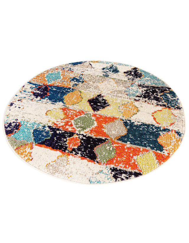 Ivory 3' 3 x 3' 3 Vivid Round Area Rug Colorful Modern Unique Indoor Easy Clean Durable Carpet Mat for Home Interior Design & Decor for Sale at Rug Engine