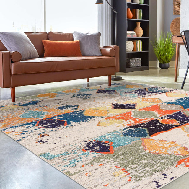 Ivory 9' 10 x 9' 10 Vivid Square Area Rug Colorful Modern Unique Indoor Easy Clean Durable Carpet Mat for Home Interior Design & Decor for Sale at Rug Engine