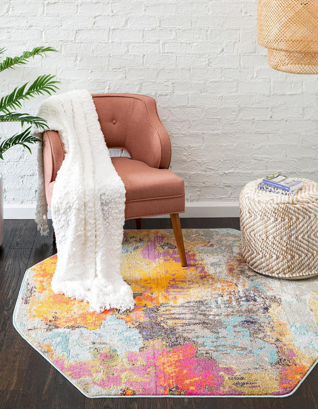 Multicolor 7' 10 x 7' 10 Vivid Octagon Area Rug Colorful Modern Unique Indoor Easy Clean Durable Carpet Mat for Home Interior Design & Decor for Sale at Rug Engine