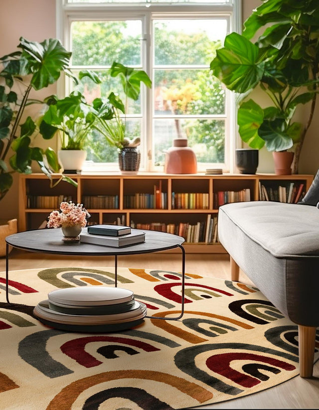 Cream 3' 1 x 3' 1 Cafe Round Area Rug 100% Polypropylene With Cotton Backing Modern Abstract Design Carpet for Home Living Room Dining Office Decor for Sale at Rug Engine